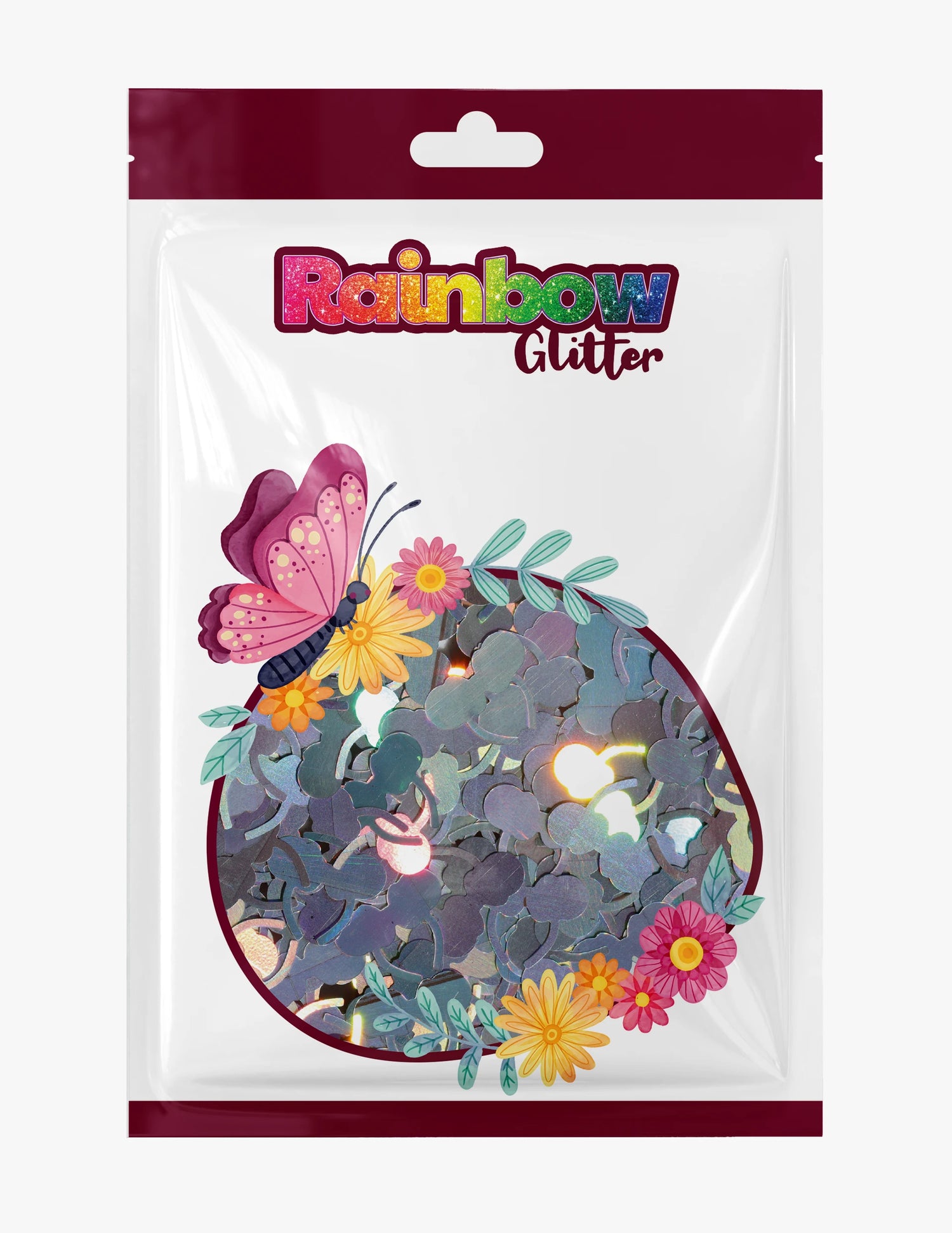 Reflective silver bow-and-ear glitter in Rainbow Glitter 50g refill bag