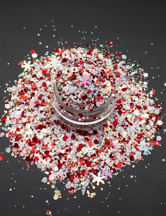 Candy Cane Snowflake Glitter Mix – Red, White & Iridescent, 50g Refill Bag