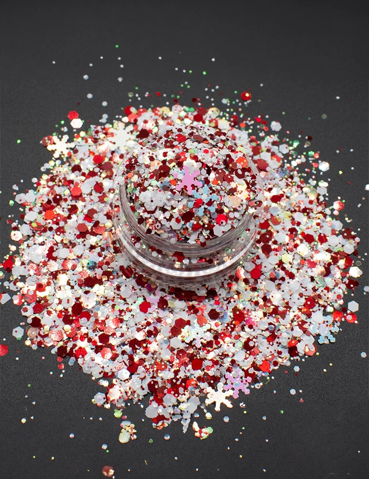 Candy Cane Snowflake Glitter Mix – Red, White & Iridescent, 50g Refill Bag