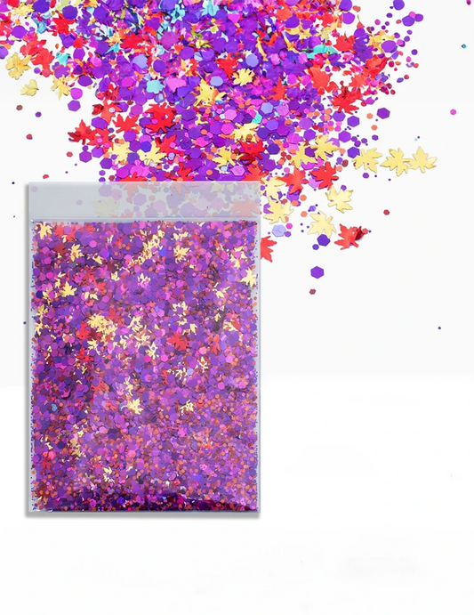 Autumn Berry Maple Leaf Glitter Mix – Purple, Red & Gold, 50g Refill Bag