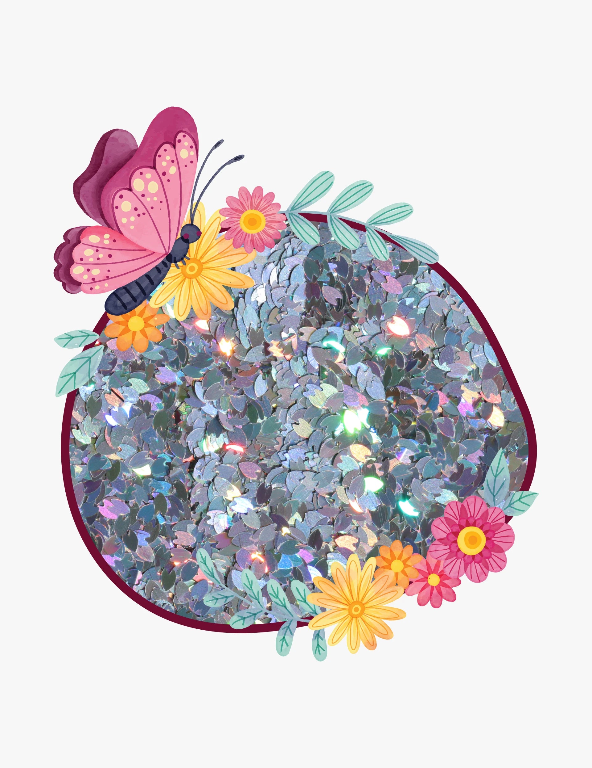 Close up of Silver petal glitter in secure 50g refill bag