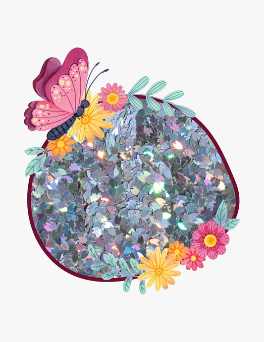 Close up of Silver petal glitter in secure 50g refill bag