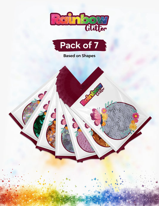 Pack of 7 Rainbow Glitter packages with colorful glitter on a white background