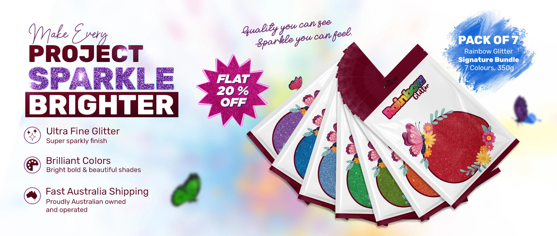 Colorful glitter paper packs with promotional text on a gradient background